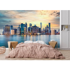 Fototapete New York Skyline bei Sonnenuntergang im Schlafzimmer mit Spiegelung im Wasser und moderner Stadt.