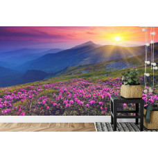 Eine Fototapete mit einer romantischen Landschaft eines Sonnenuntergangs zwischen Bergen und Blumen, geeignet für eine Küche.