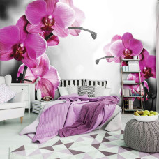 Eine Fototapete mit einer ruhigen Wiedergabe von rosafarbenen Orchideen in einem Schlafzimmer.