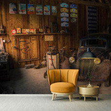 Eine Fototapete mit einem amerikanischen Oldtimer in einer alten Werkstatt, ideal für ein Schlafzimmer.