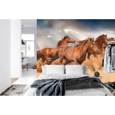Eine Fototapete mit Pferden am Strand, angezeigt in einem Schlafzimmer.