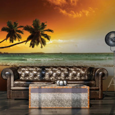 Eine Fototapete mit Palmen über Strand und Meer, tropisches Thema für die Mancave.