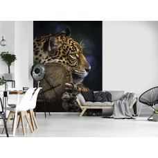 Eine Fototapete mit einem Panther in einer dichten bewaldeten Umgebung, ideal für ein Wohnzimmer.