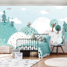 Fototapete mit pastellfarbenen Bergen für das Baby- und Jungenzimmer.