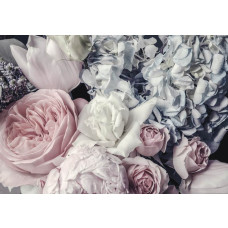 Eine romantische Fototapete mit pastellfarbenen Blumen wie Rosen, Pfingstrosen und Tulpen, romantische Atmosphäre.