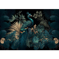 Fototapete Pfau in Mystischer Tropischer Atmosphäre mit einem eleganten Pfau zwischen tiefgrünen tropischen Blättern und dezenten goldenen Akzenten vor dunklem Hintergrund.