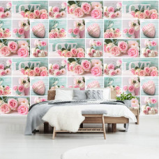 Eine Fototapete mit rosa Blumen und einer liebevollen Atmosphäre, geeignet für Wohnzimmer.