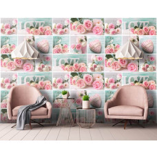 Eine Fototapete mit rosa Rosen mit einem romantischen Thema, geeignet für Wohnzimmer.