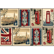 Fototapete mit einer Briefmarkencollage aus London, mit ikonischen Stadtansichten im Vliestapetenstil.