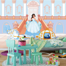 Fototapete mit einer Prinzessin in einer Kutsche auf dem Weg zu einem Ball in einem Märchen für das Kinderzimmer.