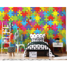 Eine Fototapete mit Regenbogenfarben in Puzzleform für ein farbenfrohes Spielzimmer.