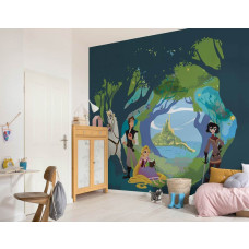 Eine Fototapete mit Rapunzel im Wald, Disney-Thema, sichtbar in einem Kinderzimmer.