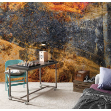 Eine Fototapete mit einer rostigen Betonwand für eine industrielle Atmosphäre im Wohnzimmer.
