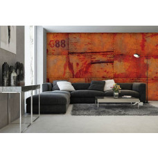 Eine rostige Metallwand Fototapete im industriellen Stil für das Wohnzimmer.