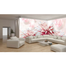 Eine Fototapete mit einer Vielzahl von rosa Blumen, die einen weichen Look.