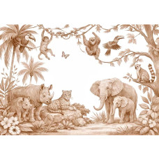 Fototapete Safari Tiere Terrakotta mit Illustrationen von Elefant mit Jungtier, Nashorn mit Kalb, Leopard auf einem Felsen, Affen in Baumästen und tropischen Vögeln zwischen Palmen und Dschungelpflanzen.