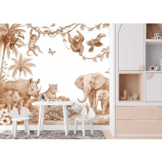 Fototapete Safari Tiere Terrakotta an der Wand im Spielzimmer mit Safari Tieren wie Elefant, Nashorn, Leopard und Affen in einer Dschungellandschaft.