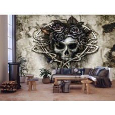 Eine Fototapete mit dem Titel "Sarah's Lament" mit Totenkopf und schwarzen Rosen für das Wohnzimmer.