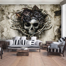 Eine Fototapete mit dem Titel "Sarah's Lament" mit Totenkopf und schwarzen Rosen für das Wohnzimmer.