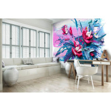Eine Fototapete mit abstrakten Blumen in Farbe, perfekt für ein Büro.