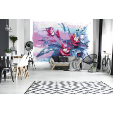 Eine Fototapete mit Blumen als abstraktes Gemälde, ideal für ein Wohnzimmer.