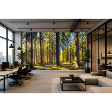 Fototapete mit einem natürlichen Kiefernwald in einem modernen Büro.