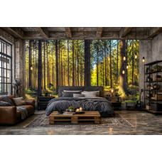 Fototapete mit einem stimmungsvollen Waldmotiv in einem gemütlichen Schlafzimmer.