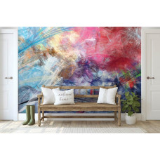 Eine Fototapete mit bunten Skizzen in einem abstrakten Kunststil für ein Wohnzimmer.