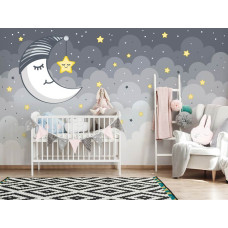 Eine Fototapete mit dem Text "Sleep Soft" und einem Sternenhimmel mit Mond und Wolken für das Babyzimmer und das Kinderzimmer.