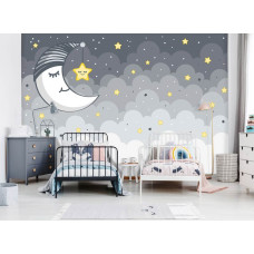 Eine Fototapete mit dem Text "Sleep Soft" und einem Sternenhimmel mit Mond und Wolken für das Babyzimmer.