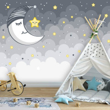 Eine Fototapete mit dem Text "Sleep Soft" und einem Sternenhimmel mit Mond und Wolken für das Kinderzimmer.