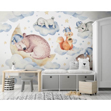 Eine Fototapete mit schlafenden Tieren im kindgerechten Design für das Kinderzimmer.