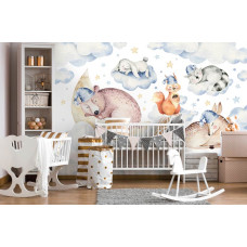 Eine Fototapete mit schlafenden Tieren, ideal für das Babyzimmer.