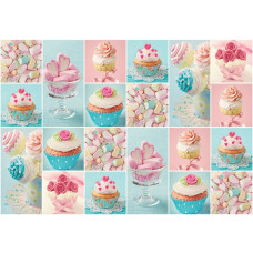 Fototapete mit Cupcakes, Süßigkeiten und Keksen in Pastellfarben, ideal für Kinderzimmer oder Küchen.