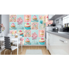 Eine Fototapete mit rosa und blauen Keksen und Süßigkeiten für das Kinderzimmer und Babyzimmer.