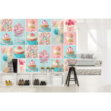 Eine Fototapete mit Süßigkeiten und Cupcakes in rosa und blau, geeignet für die Bäckerei.