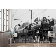 Eine schwarz-weiße Fototapete einer Dampflokomotive für das Schlafzimmer.