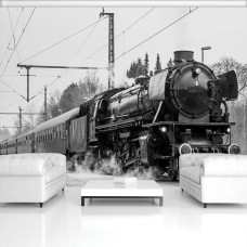 Eine schwarz-weiße Fototapete einer Dampflokomotive für das Wohnzimmer.