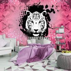 Eine Fototapete mit einem rosa abstrakten Tiger Kunst für das Schlafzimmer.
