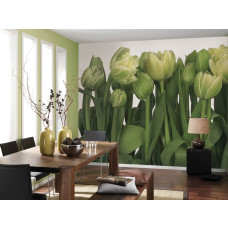 Eine Fototapete mit farbenfrohen Tulpenblüten, die in einem abstrakten Stil für einen lebendigen Look sorgen. Dieser Blumendruck bringt Energie und Fröhlichkeit ins Wohnzimmer.