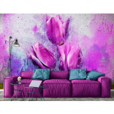 Eine Fototapete mit rosa Tulpen in einem Gemälde für das Wohnzimmer.