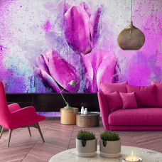 Eine Fototapete mit rosa Tulpen in einem Gemälde für das Wohnzimmer.
