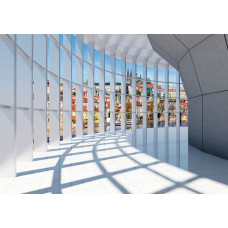 Fototapete mit einem 3D-Tunnel, Stadtansicht und einem Panoramablick auf eine Stadtlandschaft.