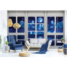 Fototapete mit Nachtperspektive auf Meer und Mond durch ein Fenster, geeignet für das Wohnzimmer.