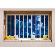 Fototapete mit Blick auf Vollmond und Meer durch das Fenster mit 3D-Perspektive.