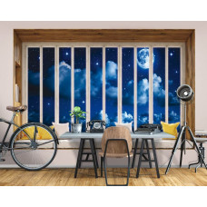 Fototapete Blick durch das Fenster bei Nacht mit Vollmond und Meer im Wohnzimmer...