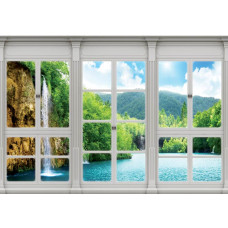Fototapete mit 3D-Perspektive Blick auf einen Wasserfall und Landschaft durch ein Fenster.