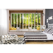 Fototapete des sonnigen Waldes mit Sonnenstrahlen in 3D durch das Fenster im Schlafzimmer.
