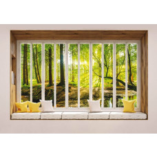 Blick auf den sonnigen Herbstwald durch das Fenster, mit 3D Perspektive auf der Fototapete.
