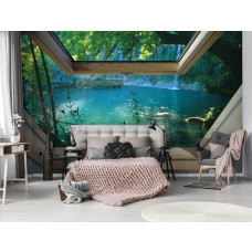 Eine Fototapete mit Dschungelblick und Wasserfall für das Schlafzimmer.